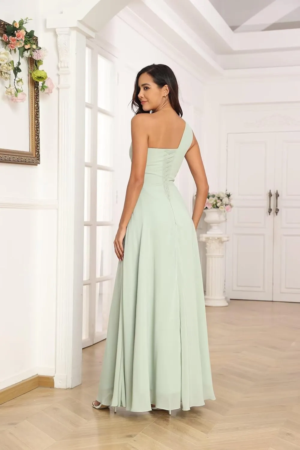 One Shoulder Bridesmaid Dresses for Women with Slit Pleated Chiffon Ruffle Formal Evening Gown Long