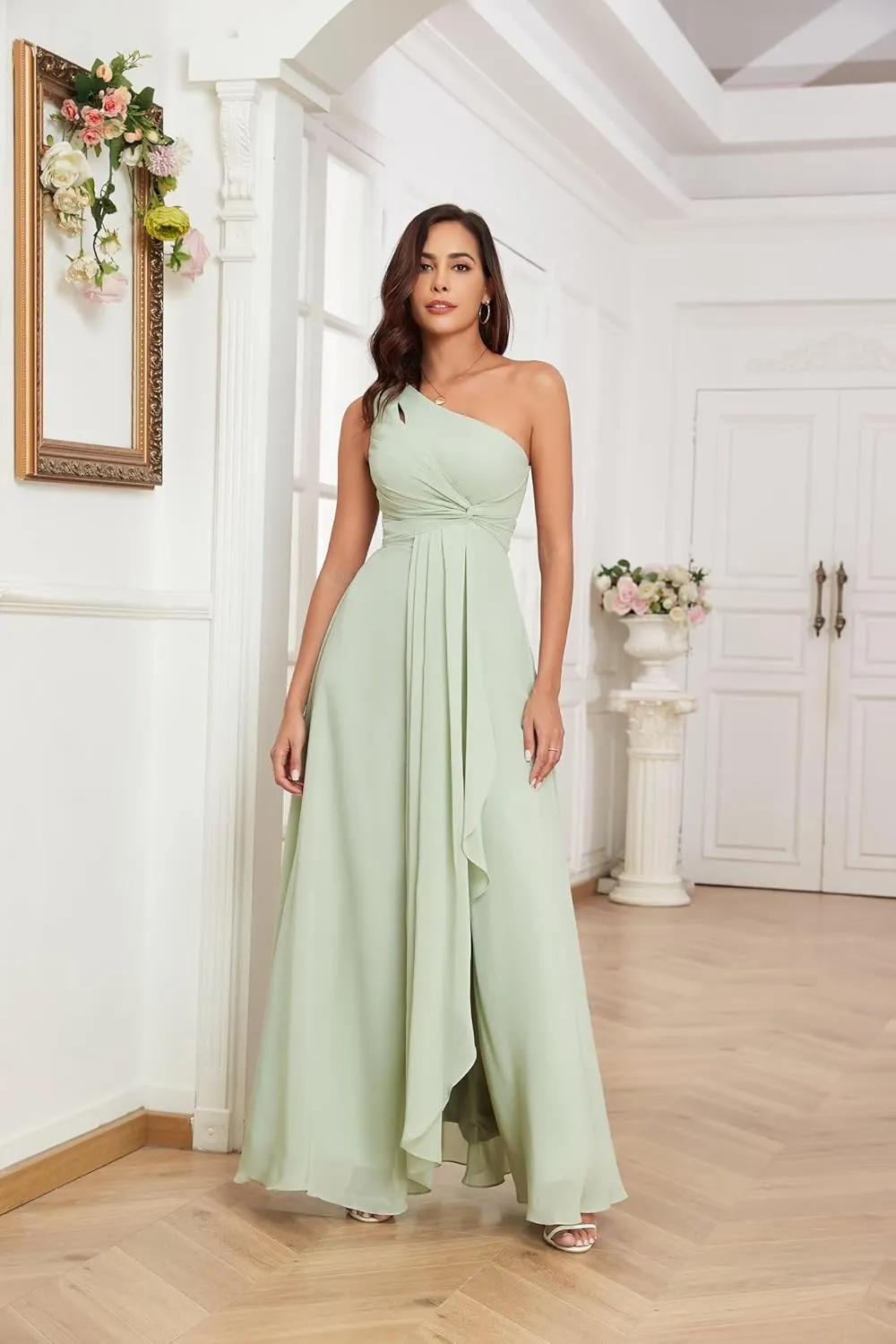 One Shoulder Bridesmaid Dresses for Women with Slit Pleated Chiffon Ruffle Formal Evening Gown Long
