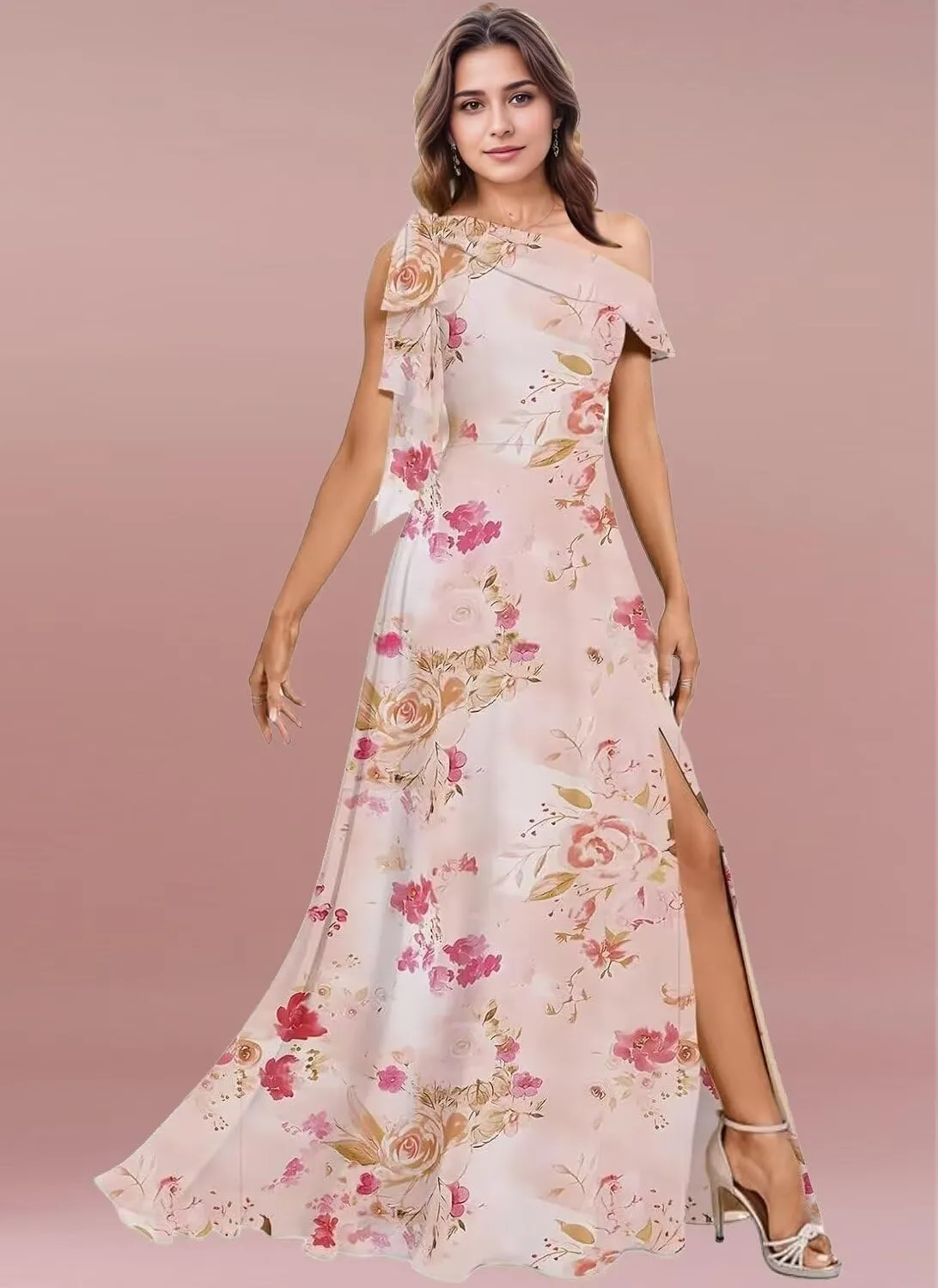 One Shoulder Chiffon Bridesmaid Dresses for Wedding with Bow A Line Prom Dress Long Slit Formal Evening Party Gown