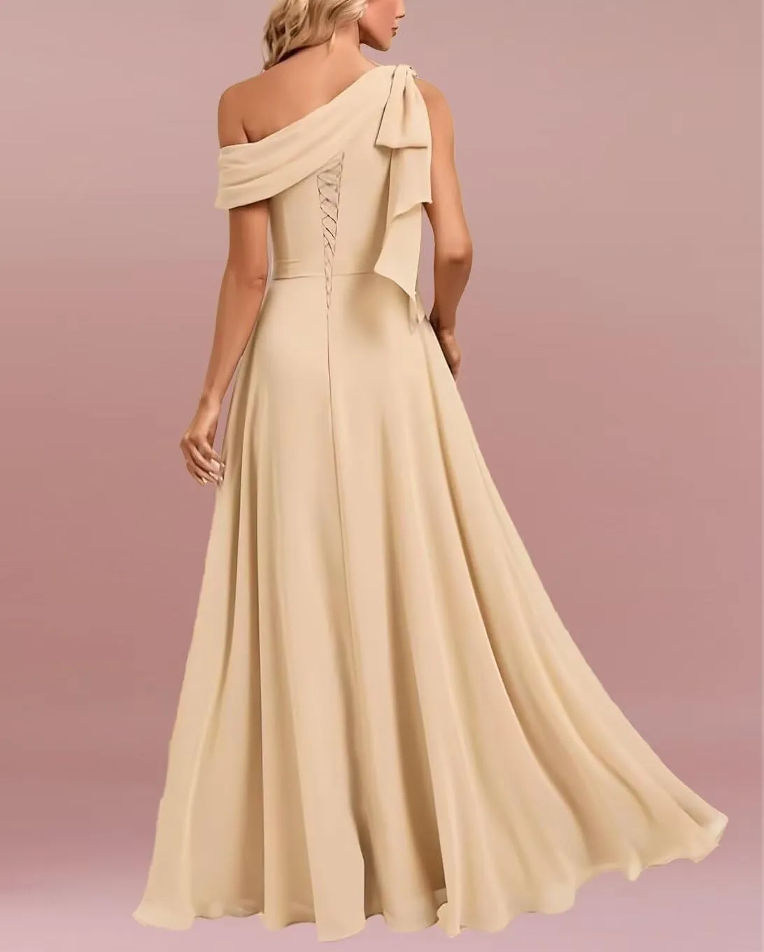 One Shoulder Chiffon Bridesmaid Dresses for Wedding with Bow A Line Prom Dress Long Slit Formal Evening Party Gown