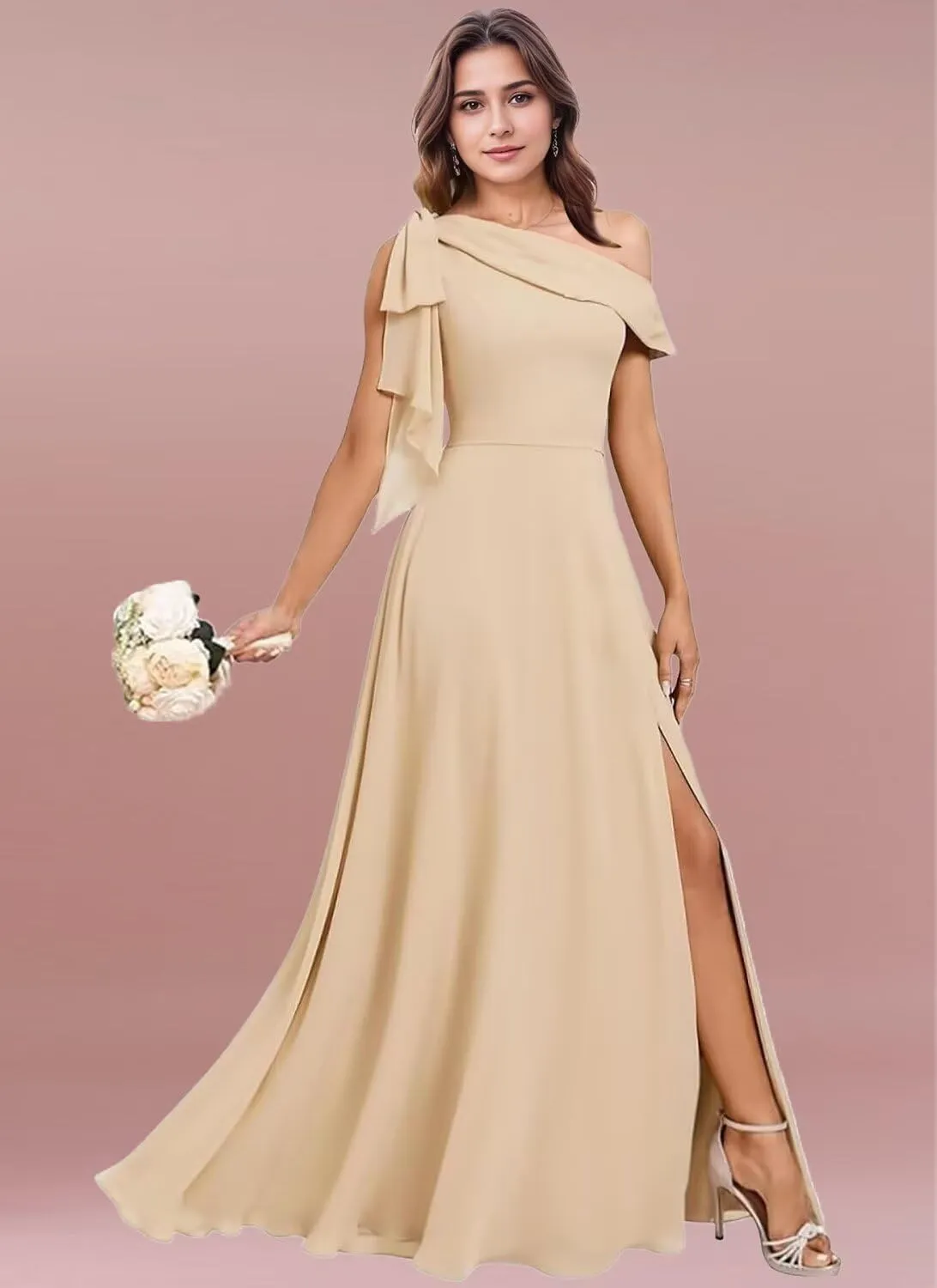 One Shoulder Chiffon Bridesmaid Dresses for Wedding with Bow A Line Prom Dress Long Slit Formal Evening Party Gown