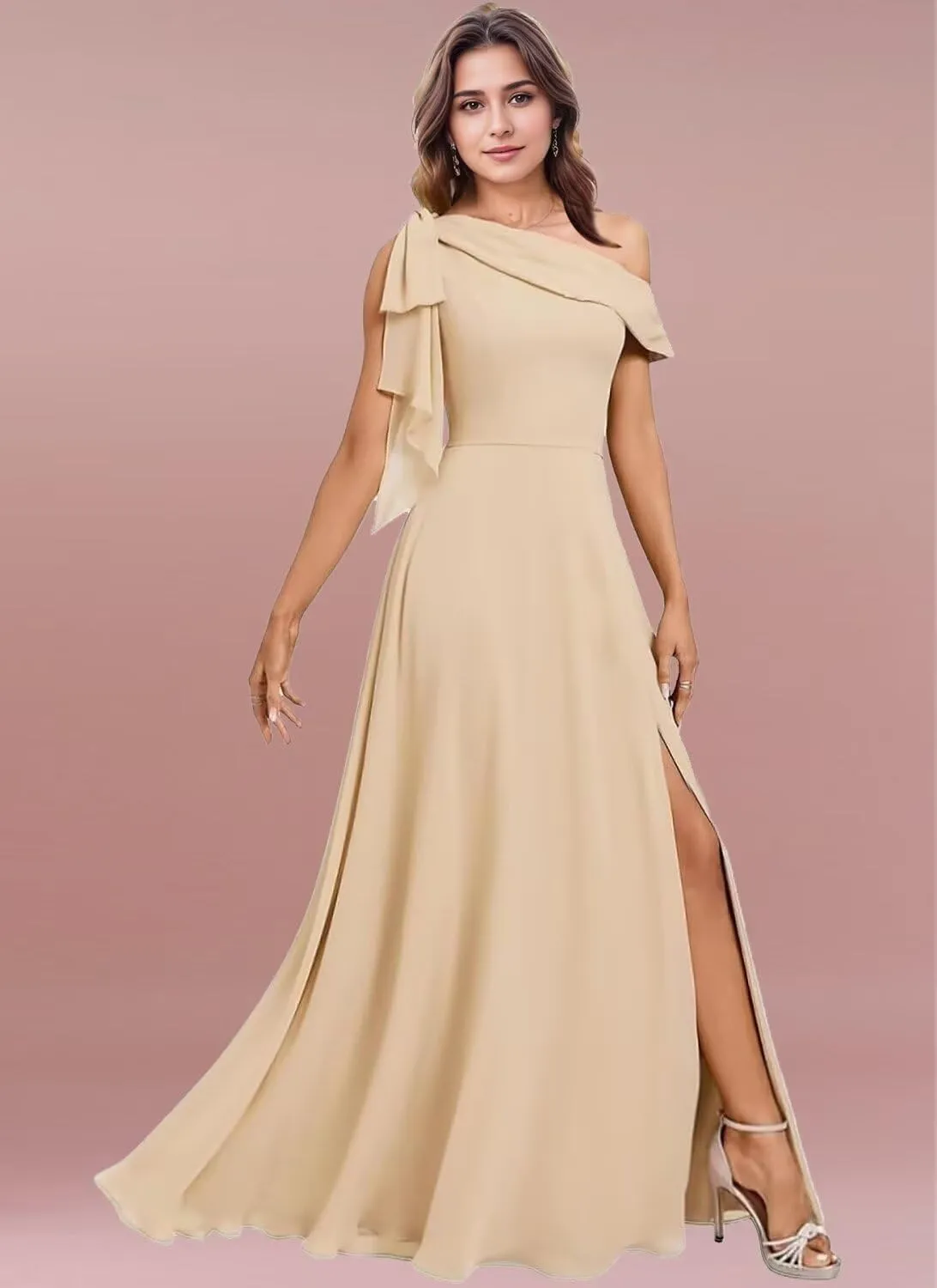 One Shoulder Chiffon Bridesmaid Dresses for Wedding with Bow A Line Prom Dress Long Slit Formal Evening Party Gown