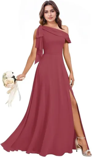 One Shoulder Chiffon Bridesmaid Dresses for Wedding with Bow A Line Prom Dress Long Slit Formal Evening Party Gown