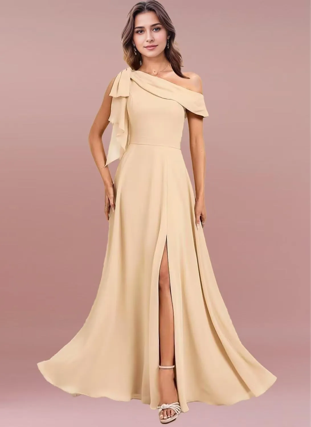 One Shoulder Chiffon Bridesmaid Dresses for Wedding with Bow A Line Prom Dress Long Slit Formal Evening Party Gown