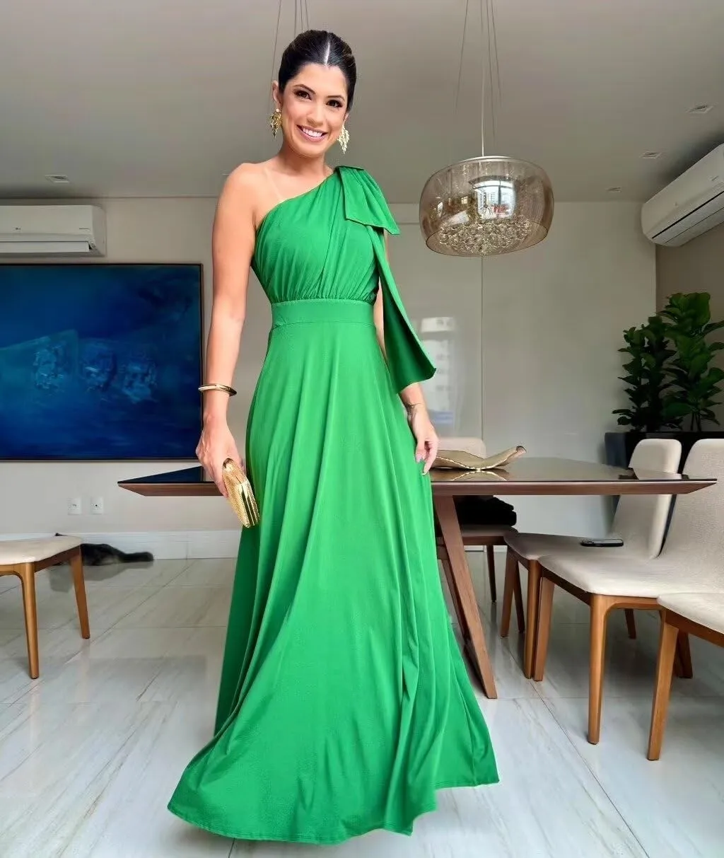 One Shoulder Prom Dress with Bow Formal Gown Chiffon Bridesmaid Dresses Long Evening Dress