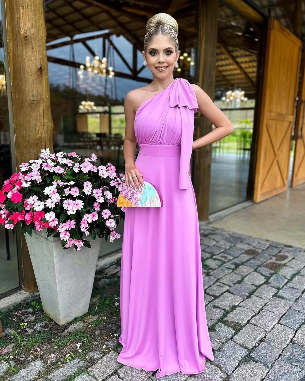 One Shoulder Prom Dress with Bow Formal Gown Chiffon Bridesmaid Dresses Long Evening Dress