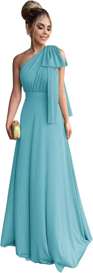 One Shoulder Prom Dress with Bow Formal Gown Chiffon Bridesmaid Dresses Long Evening Dress