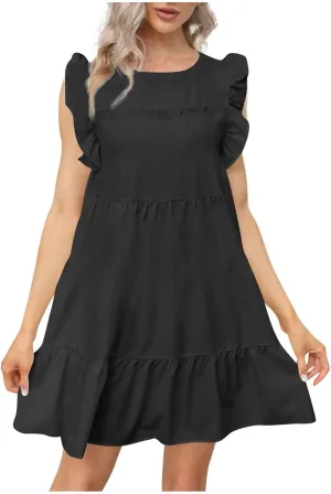 PETYCZEN Summer Dresses for Women Cute Babydoll Dresses Casual Sleeveless Mini Tiered Dress A Line Swing Beach Party Sundress