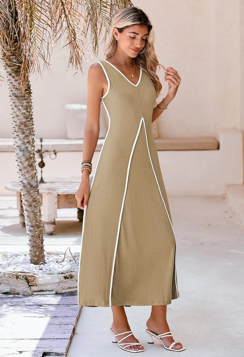 Pink Queen Women's Casual Loose Sundress Long Dress V Neck Sleeveless Backless Maxi Dresses Summer Beach Dress
