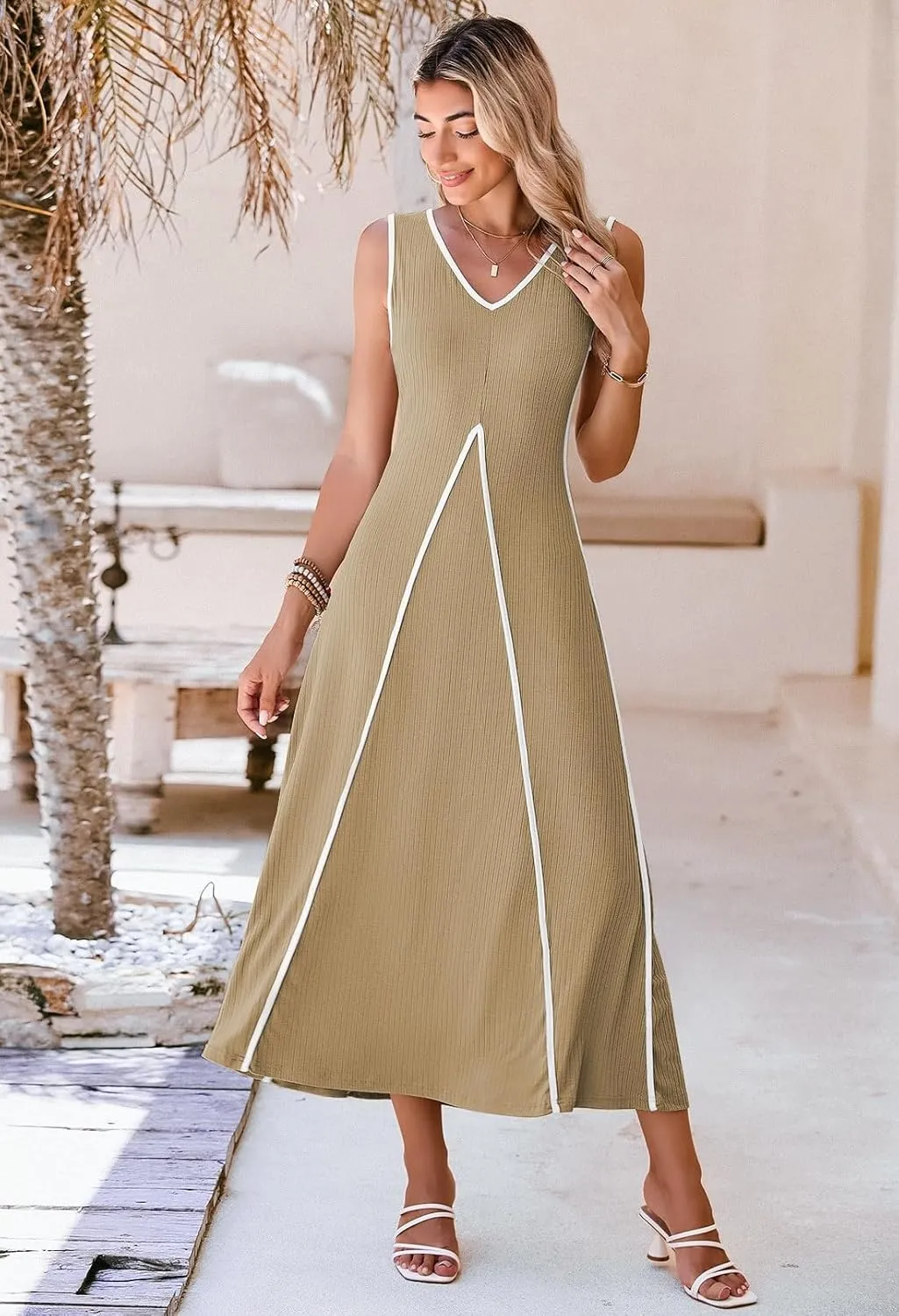 Pink Queen Women's Casual Loose Sundress Long Dress V Neck Sleeveless Backless Maxi Dresses Summer Beach Dress