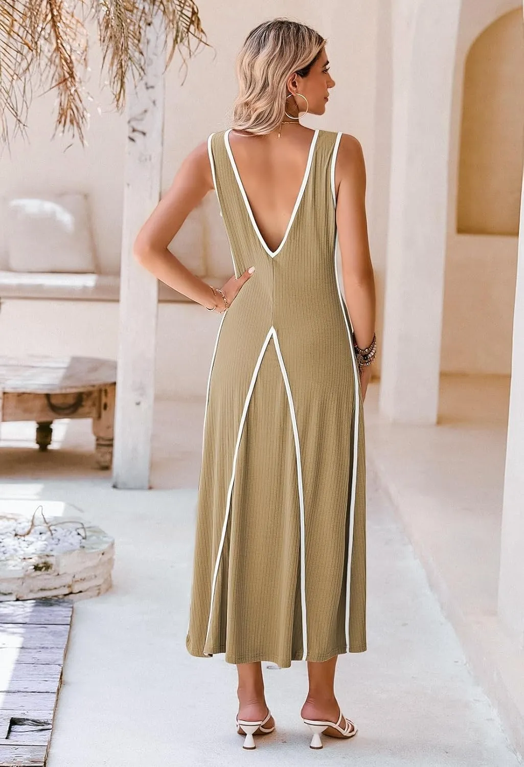Pink Queen Women's Casual Loose Sundress Long Dress V Neck Sleeveless Backless Maxi Dresses Summer Beach Dress
