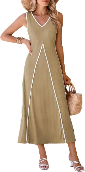 Pink Queen Women's Casual Loose Sundress Long Dress V Neck Sleeveless Backless Maxi Dresses Summer Beach Dress