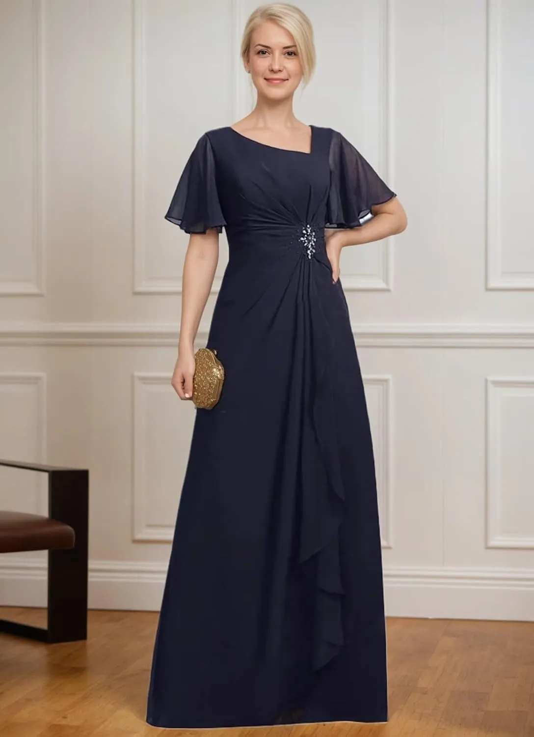 Plus Size Chiffon Mother of The Bride Dress Ruffles Beaded Short Sleeves Formal Evening Dresses for Wedding ZX90