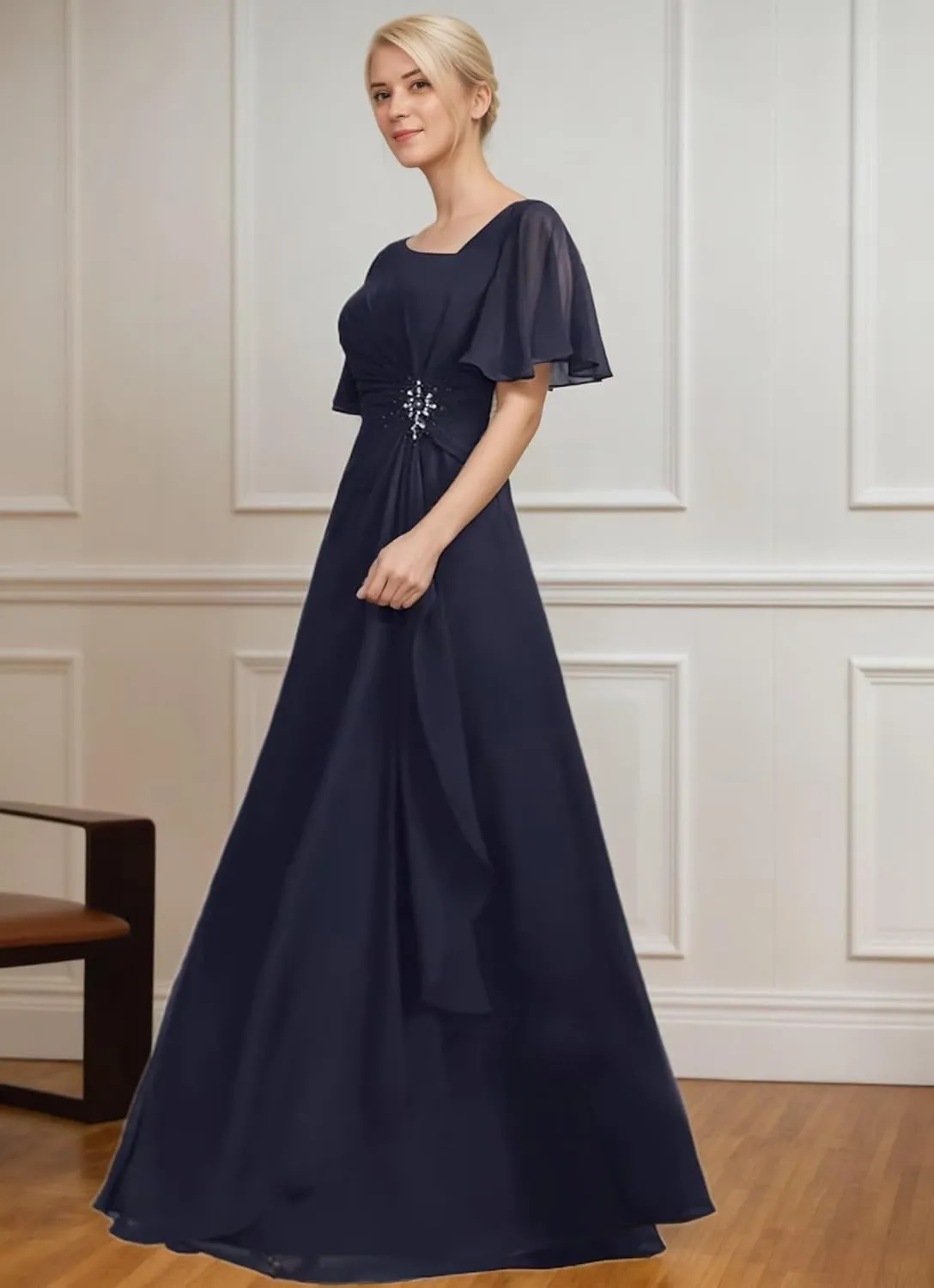 Plus Size Chiffon Mother of The Bride Dress Ruffles Beaded Short Sleeves Formal Evening Dresses for Wedding ZX90