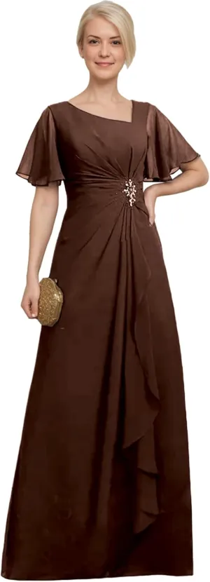 Plus Size Chiffon Mother of The Bride Dress Ruffles Beaded Short Sleeves Formal Evening Dresses for Wedding ZX90