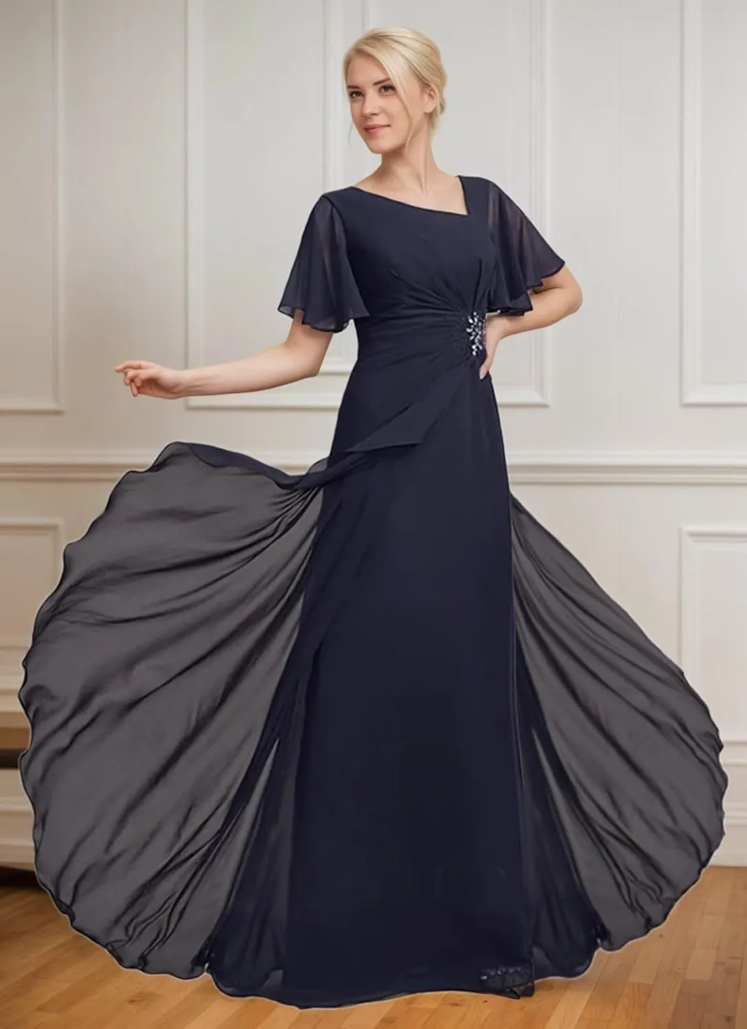 Plus Size Chiffon Mother of The Bride Dress Ruffles Beaded Short Sleeves Formal Evening Dresses for Wedding ZX90