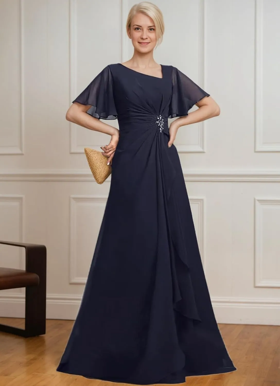 Plus Size Chiffon Mother of The Bride Dress Ruffles Beaded Short Sleeves Formal Evening Dresses for Wedding ZX90