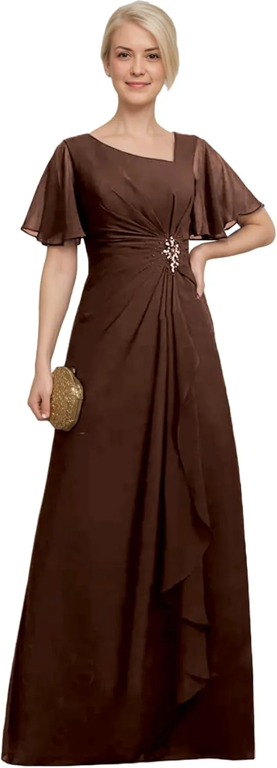 Plus Size Chiffon Mother of The Bride Dress Ruffles Beaded Short Sleeves Formal Evening Dresses for Wedding ZX90