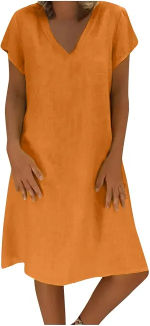 Plus Size Cotton Linen Dresses for Women 2024 Trendy, Summer Casual V-Neck Solid Short Sleeve Loose Beach Midi Dress Women Dresses for Wedding Guest Women Dresses Elastic Waist Orange