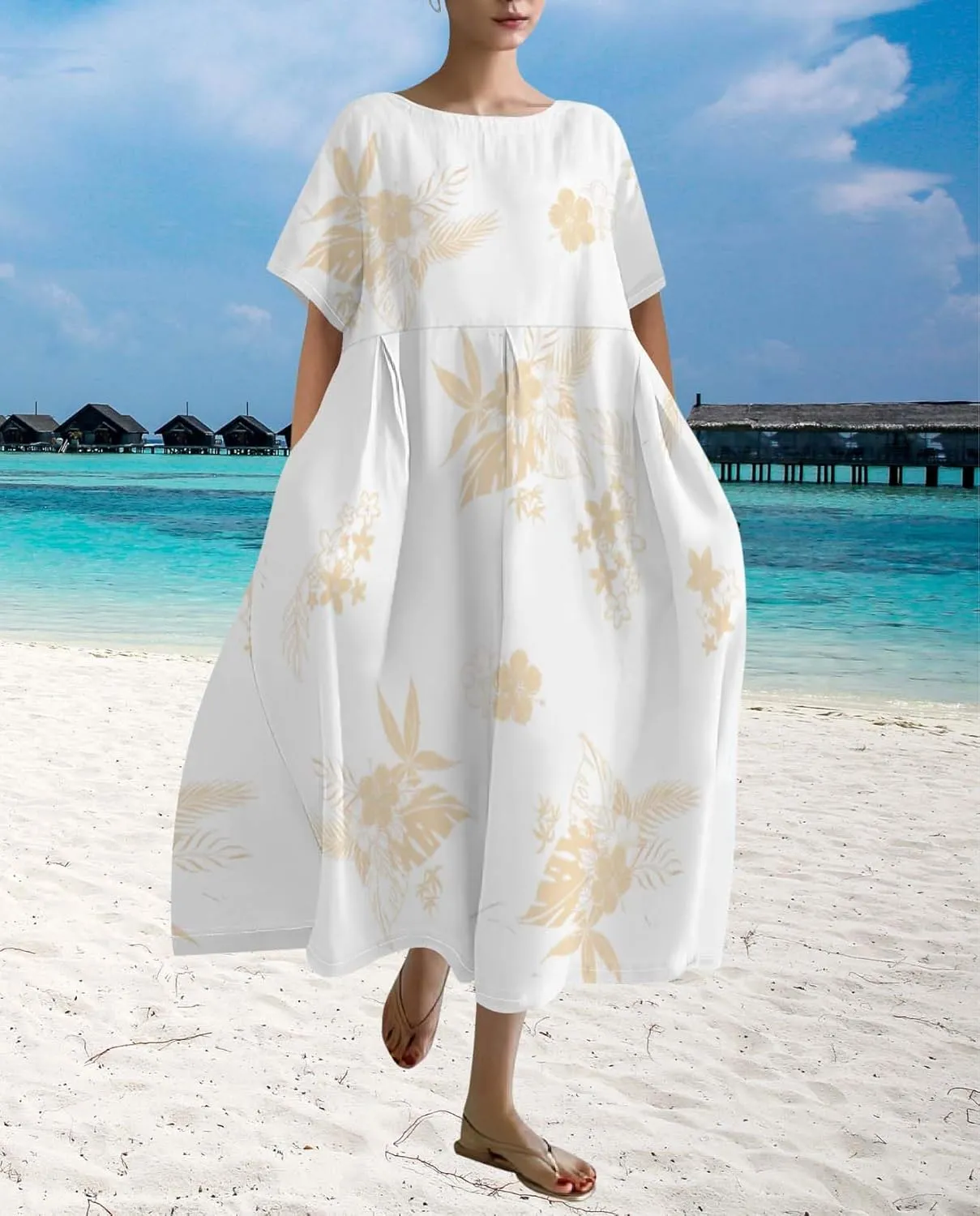 Plus Size Dress for Women Flowy Midi Dress Boho Floral Linen Short Sleeve T Shirt Dresses with Pockets Trendy Summer