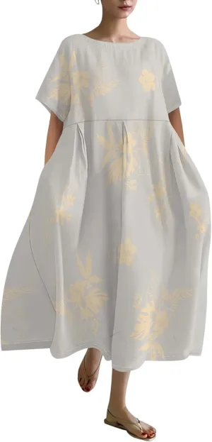 Plus Size Dress for Women Flowy Midi Dress Boho Floral Linen Short Sleeve T Shirt Dresses with Pockets Trendy Summer