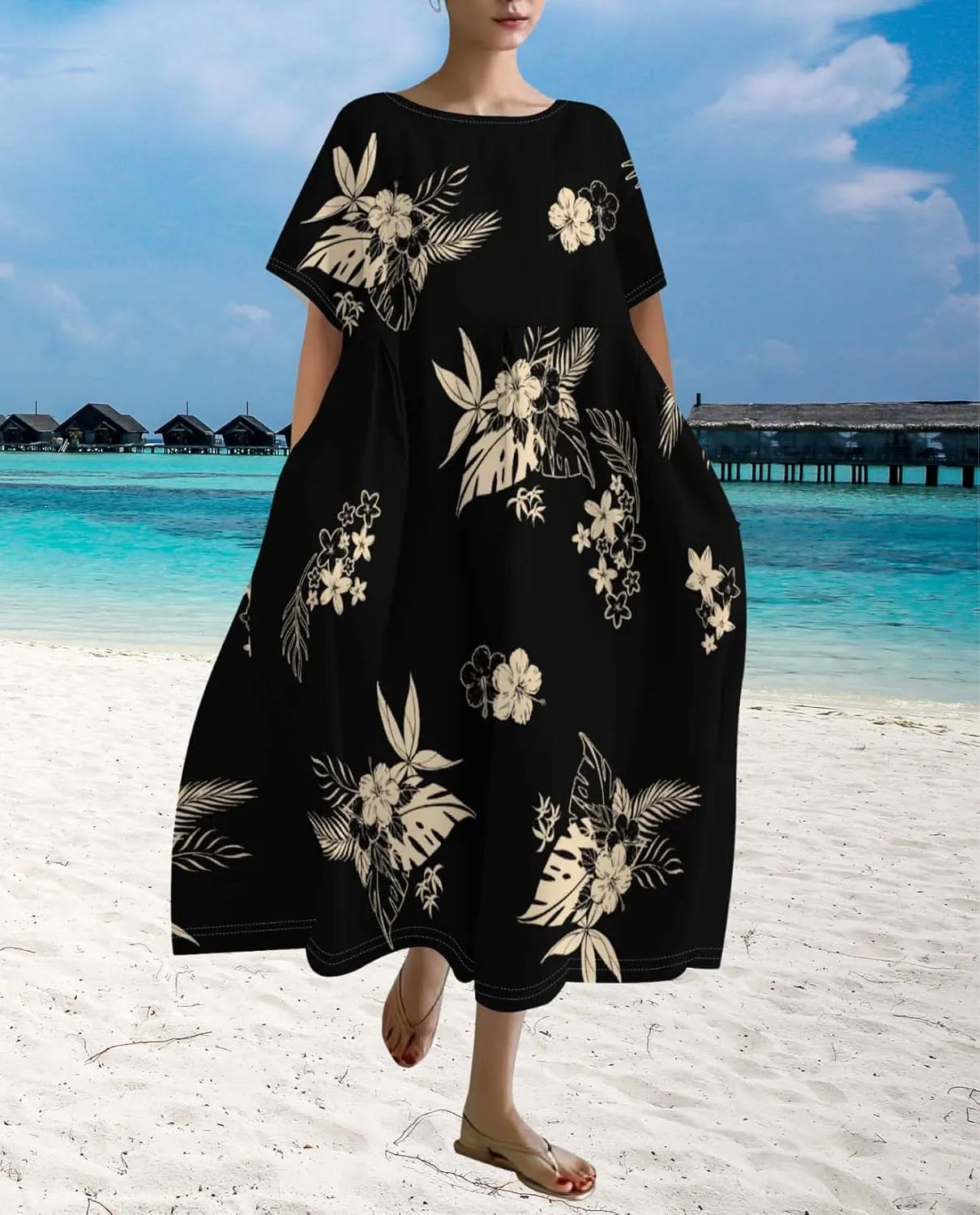 Plus Size Dress for Women Flowy Midi Dress Boho Floral Linen Short Sleeve T Shirt Dresses with Pockets Trendy Summer
