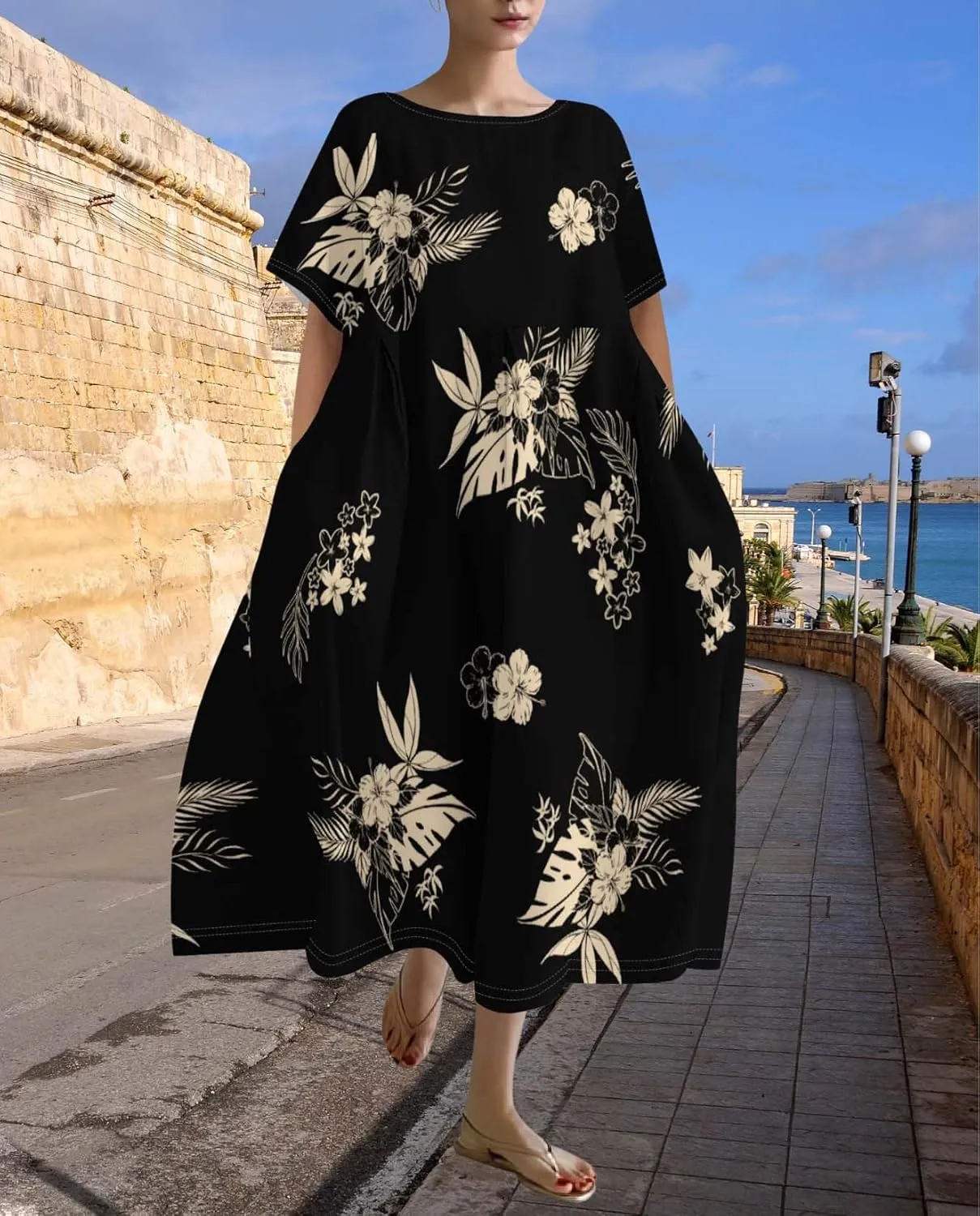 Plus Size Dress for Women Flowy Midi Dress Boho Floral Linen Short Sleeve T Shirt Dresses with Pockets Trendy Summer