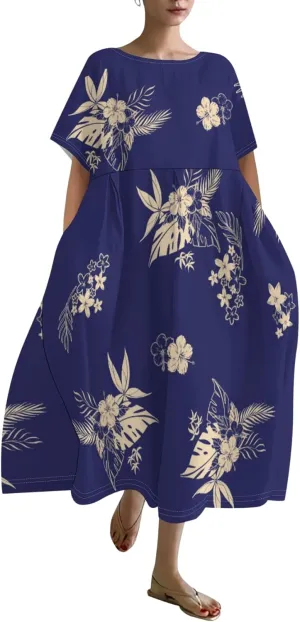 Plus Size Dress for Women Flowy Midi Dress Boho Floral Linen Short Sleeve T Shirt Dresses with Pockets Trendy Summer