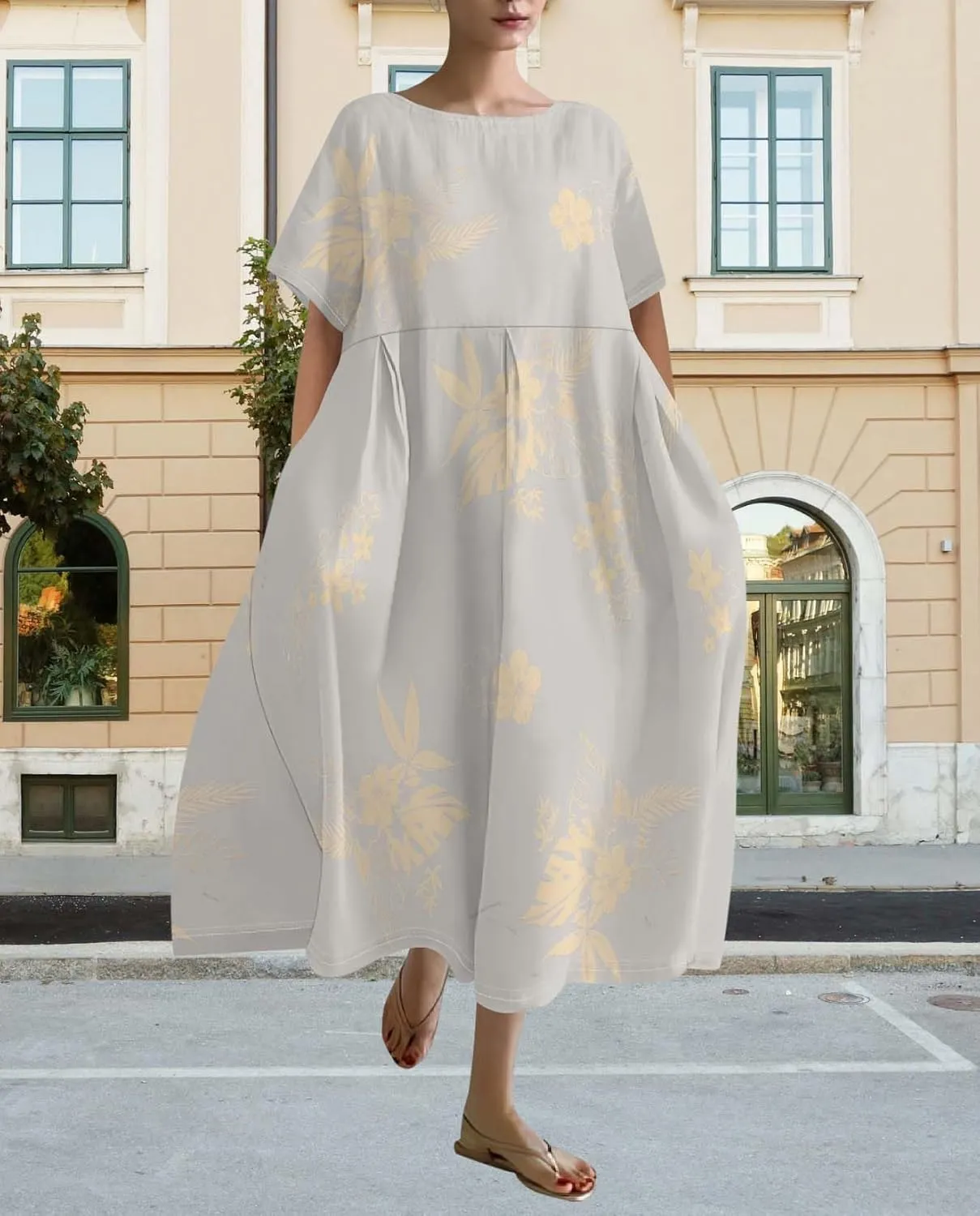 Plus Size Dress for Women Flowy Midi Dress Boho Floral Linen Short Sleeve T Shirt Dresses with Pockets Trendy Summer