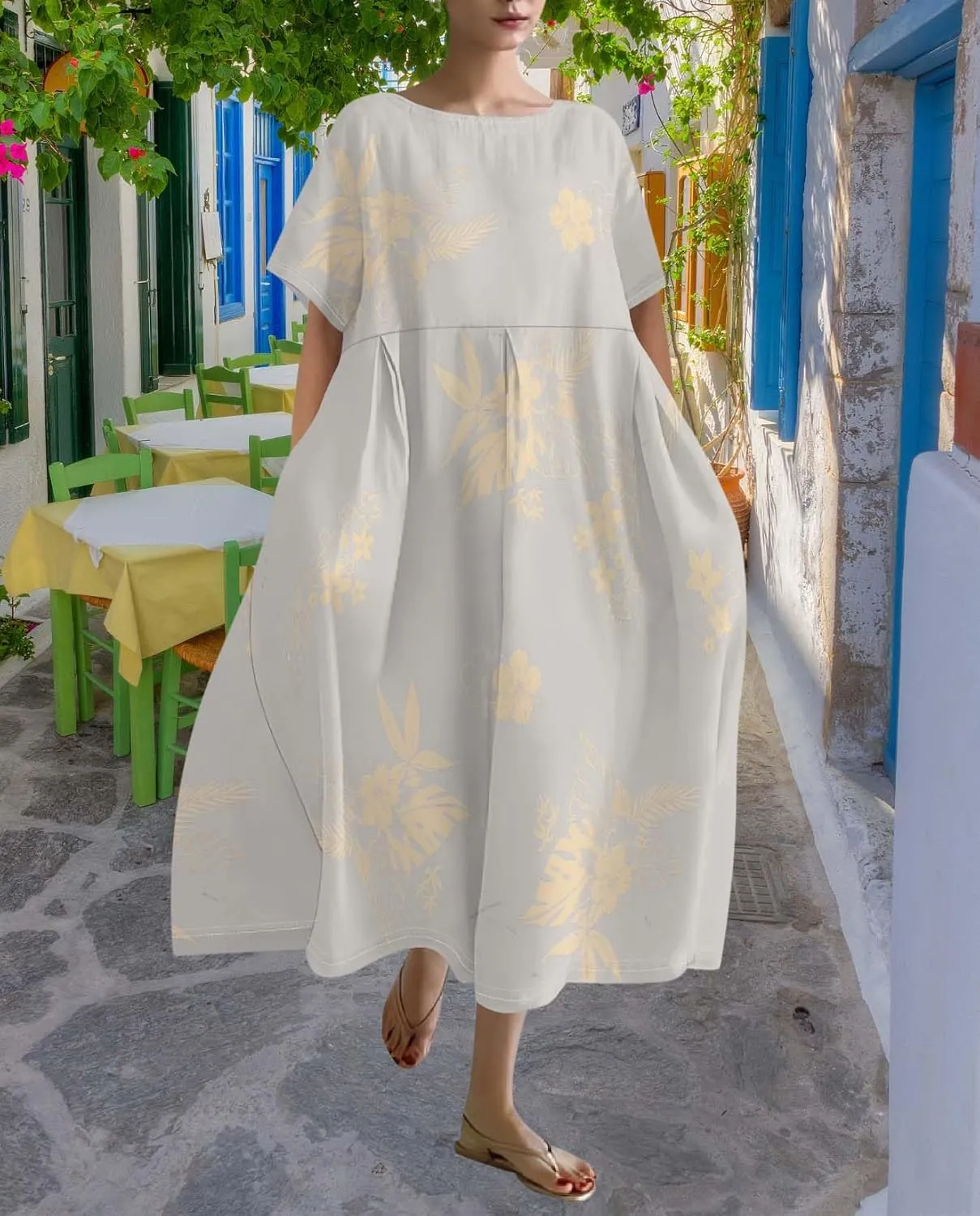 Plus Size Dress for Women Flowy Midi Dress Boho Floral Linen Short Sleeve T Shirt Dresses with Pockets Trendy Summer