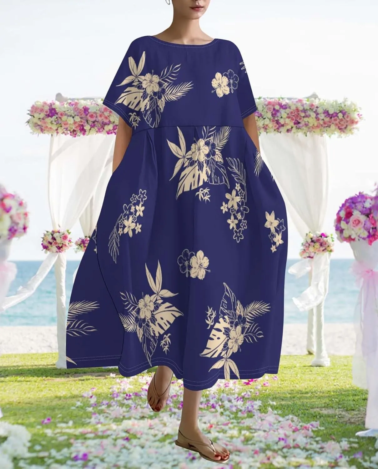 Plus Size Dress for Women Flowy Midi Dress Boho Floral Linen Short Sleeve T Shirt Dresses with Pockets Trendy Summer