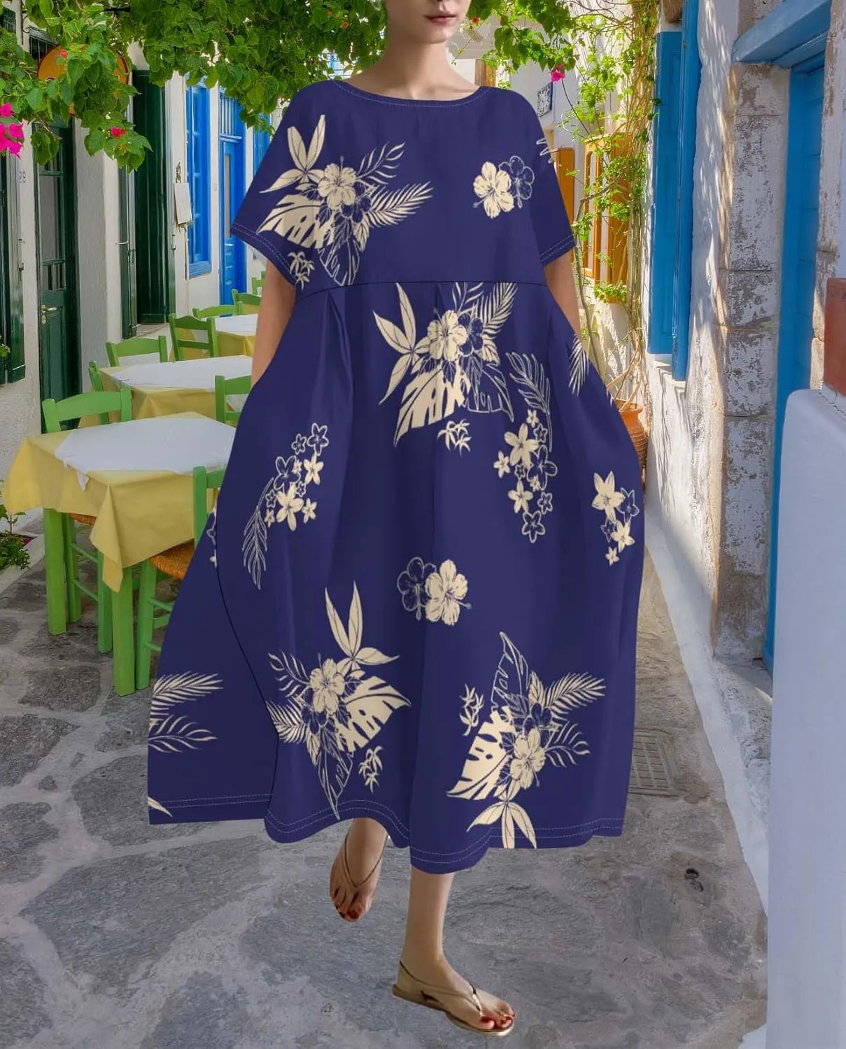 Plus Size Dress for Women Flowy Midi Dress Boho Floral Linen Short Sleeve T Shirt Dresses with Pockets Trendy Summer