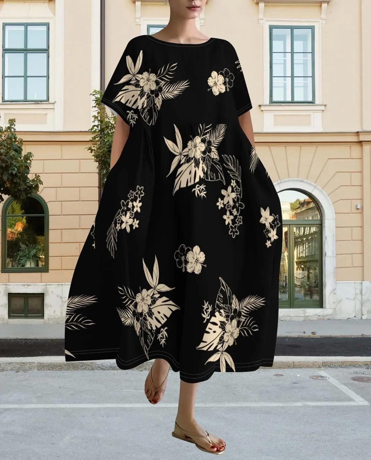 Plus Size Dress for Women Flowy Midi Dress Boho Floral Linen Short Sleeve T Shirt Dresses with Pockets Trendy Summer