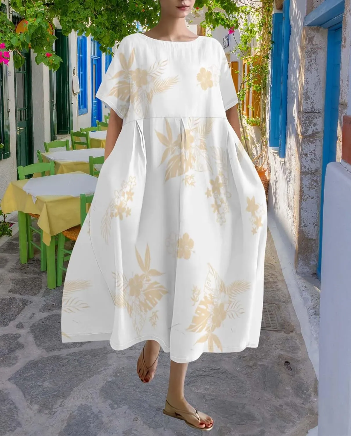 Plus Size Dress for Women Flowy Midi Dress Boho Floral Linen Short Sleeve T Shirt Dresses with Pockets Trendy Summer