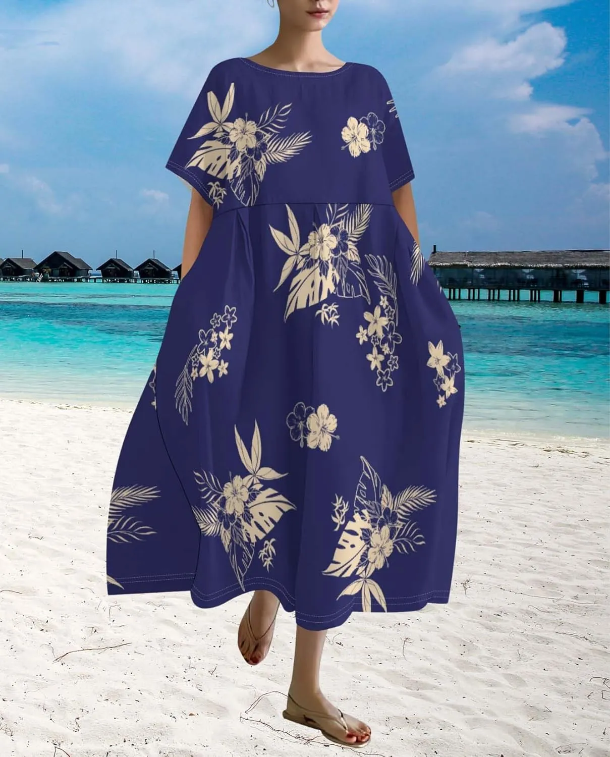 Plus Size Dress for Women Flowy Midi Dress Boho Floral Linen Short Sleeve T Shirt Dresses with Pockets Trendy Summer