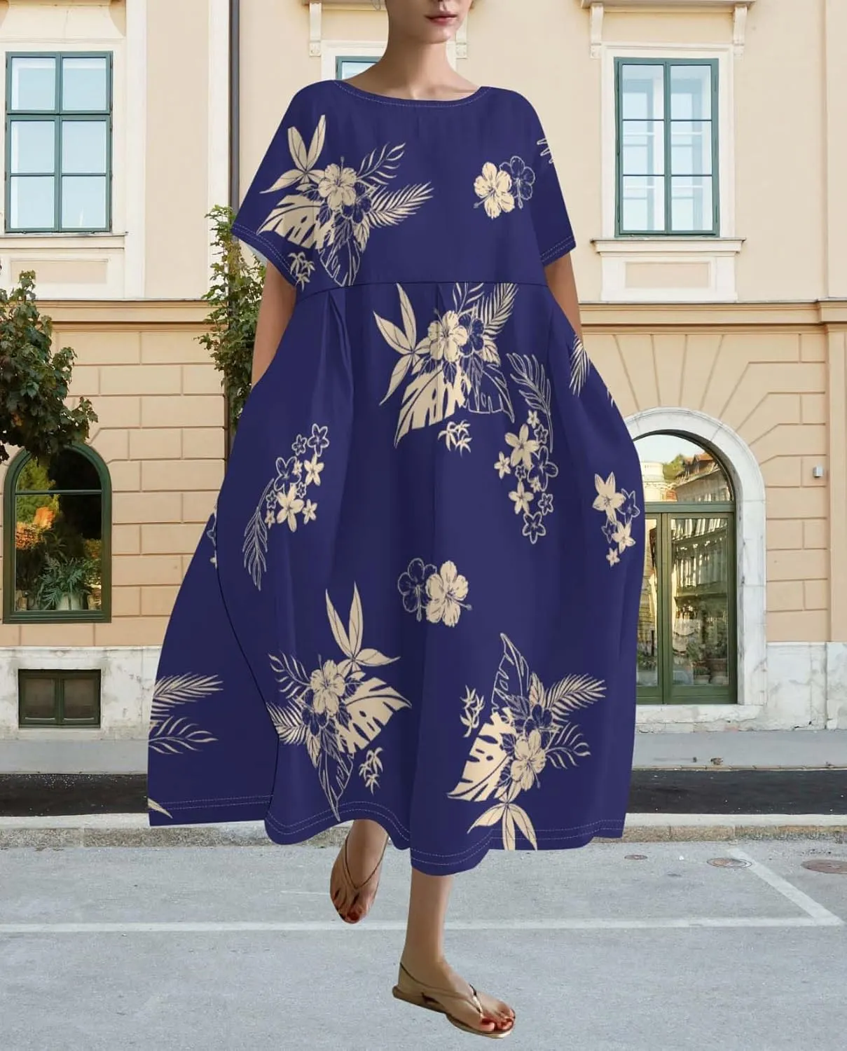 Plus Size Dress for Women Flowy Midi Dress Boho Floral Linen Short Sleeve T Shirt Dresses with Pockets Trendy Summer