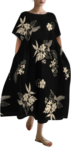 Plus Size Dress for Women Flowy Midi Dress Boho Floral Linen Short Sleeve T Shirt Dresses with Pockets Trendy Summer