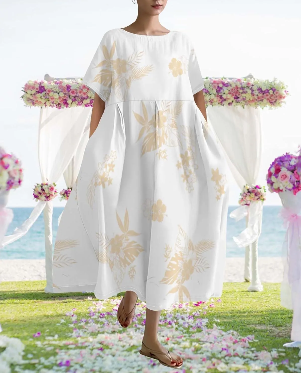 Plus Size Dress for Women Flowy Midi Dress Boho Floral Linen Short Sleeve T Shirt Dresses with Pockets Trendy Summer