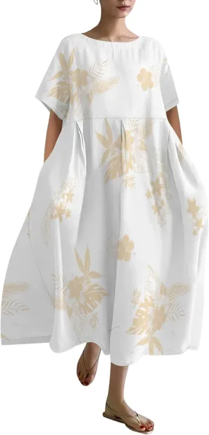 Plus Size Dress for Women Flowy Midi Dress Boho Floral Linen Short Sleeve T Shirt Dresses with Pockets Trendy Summer