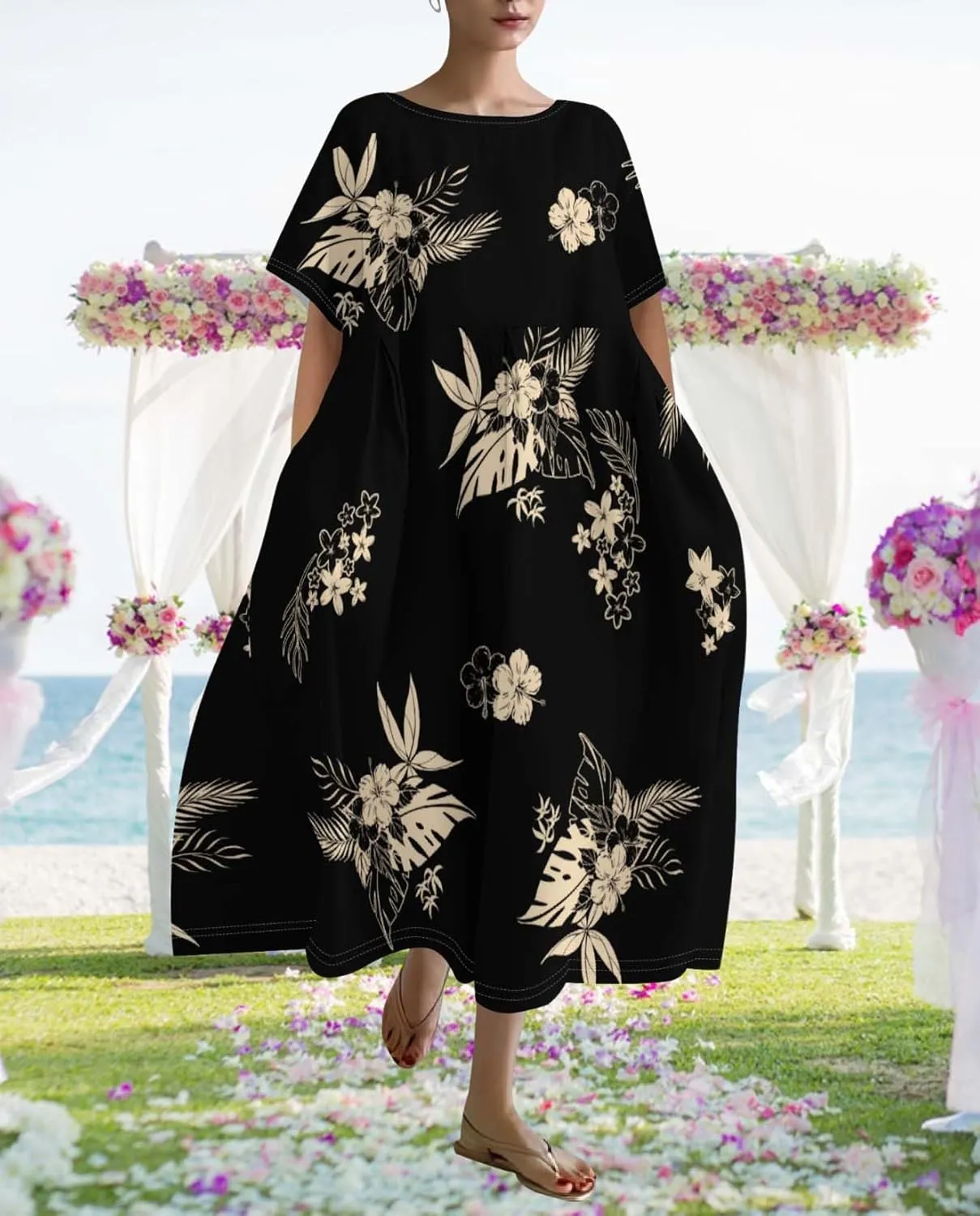 Plus Size Dress for Women Flowy Midi Dress Boho Floral Linen Short Sleeve T Shirt Dresses with Pockets Trendy Summer