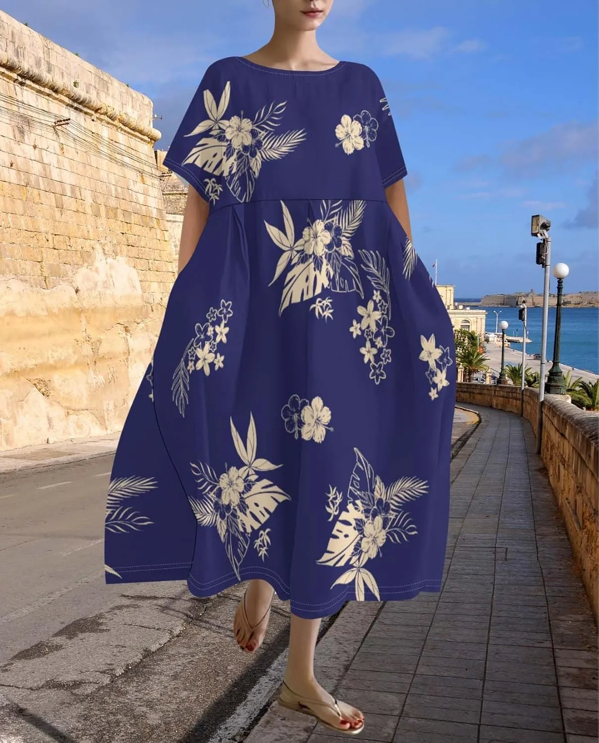 Plus Size Dress for Women Flowy Midi Dress Boho Floral Linen Short Sleeve T Shirt Dresses with Pockets Trendy Summer