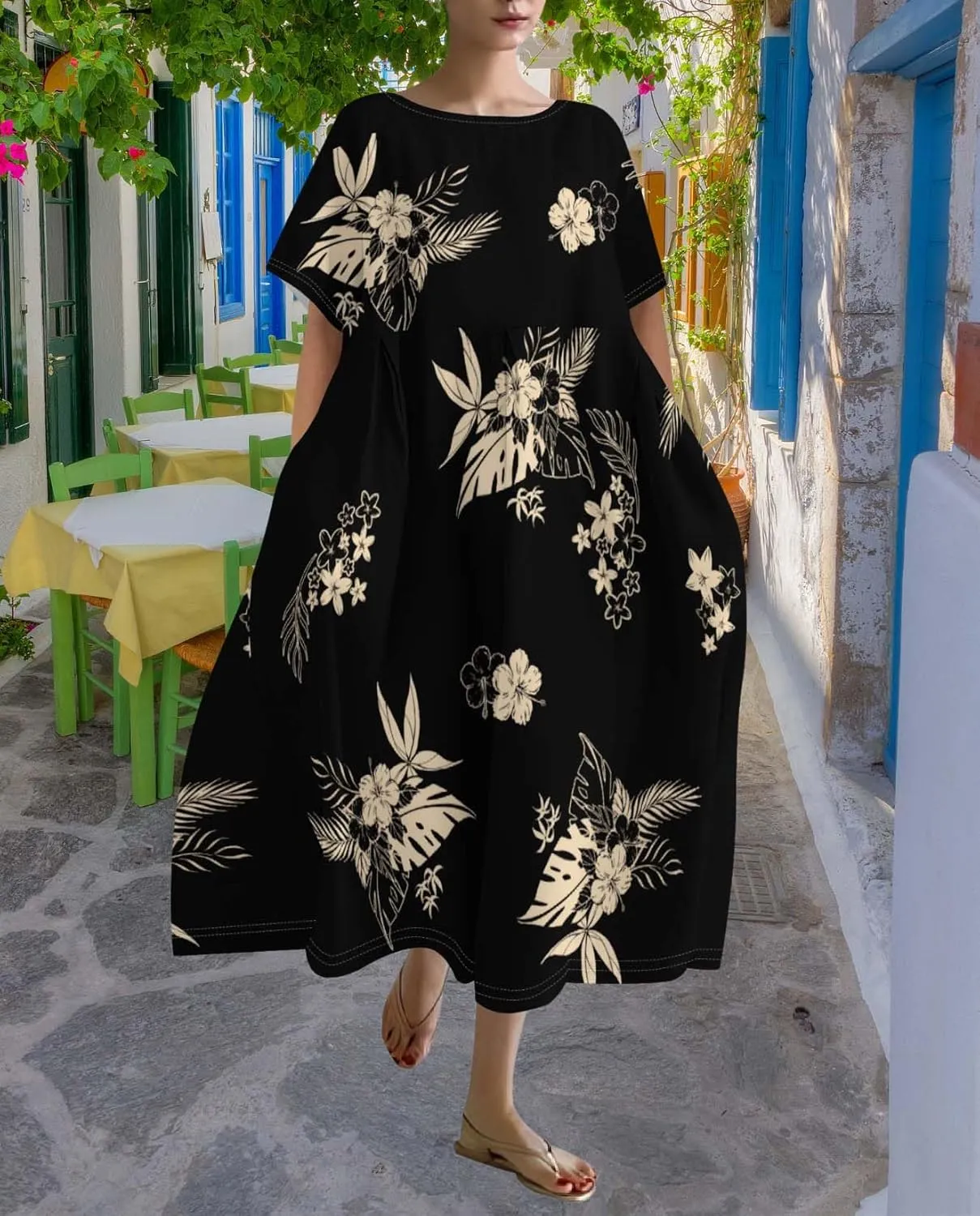 Plus Size Dress for Women Flowy Midi Dress Boho Floral Linen Short Sleeve T Shirt Dresses with Pockets Trendy Summer