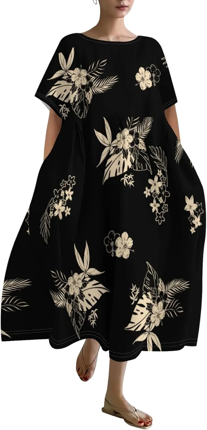 Plus Size Dress for Women Flowy Midi Dress Boho Floral Linen Short Sleeve T Shirt Dresses with Pockets Trendy Summer