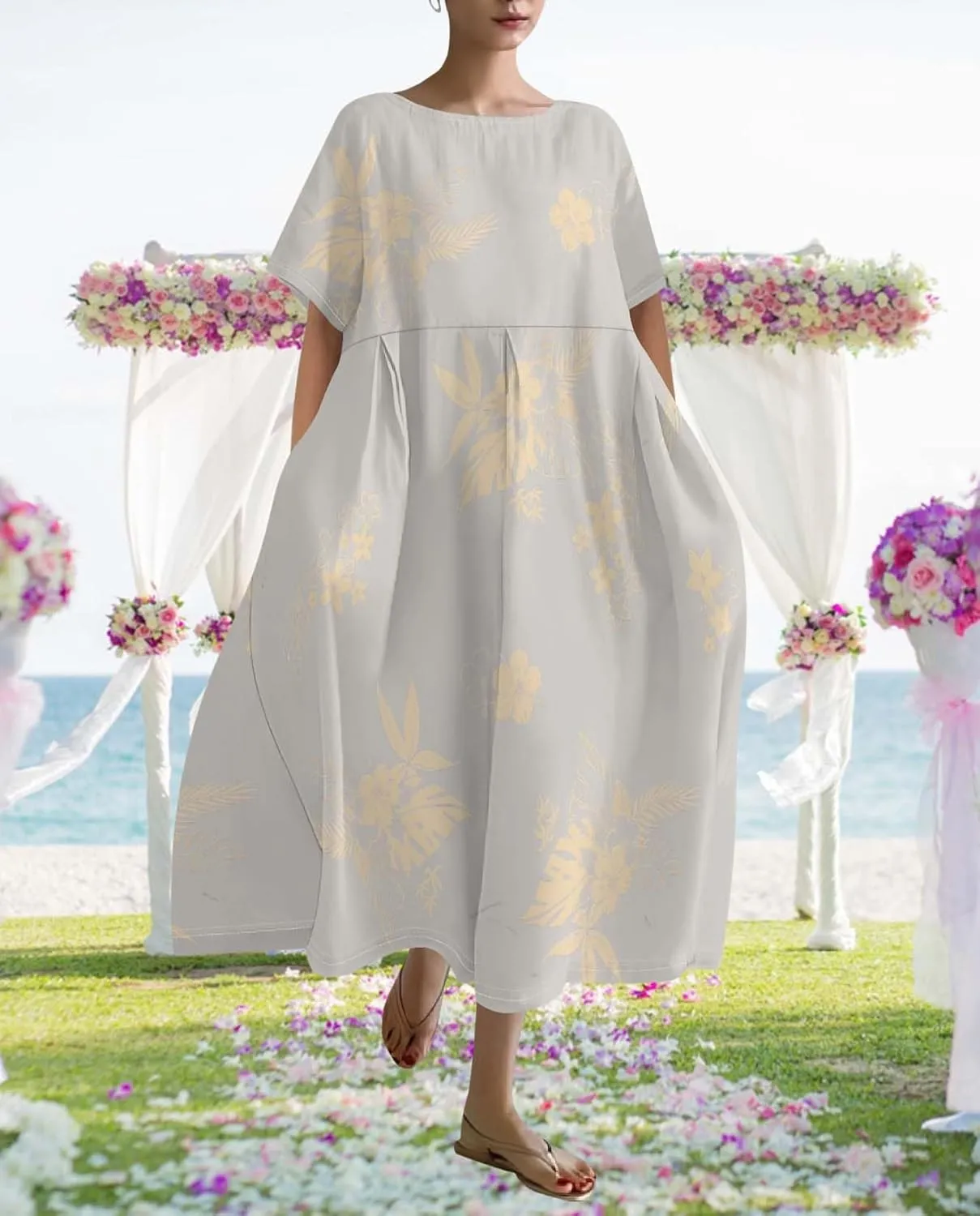 Plus Size Dress for Women Flowy Midi Dress Boho Floral Linen Short Sleeve T Shirt Dresses with Pockets Trendy Summer