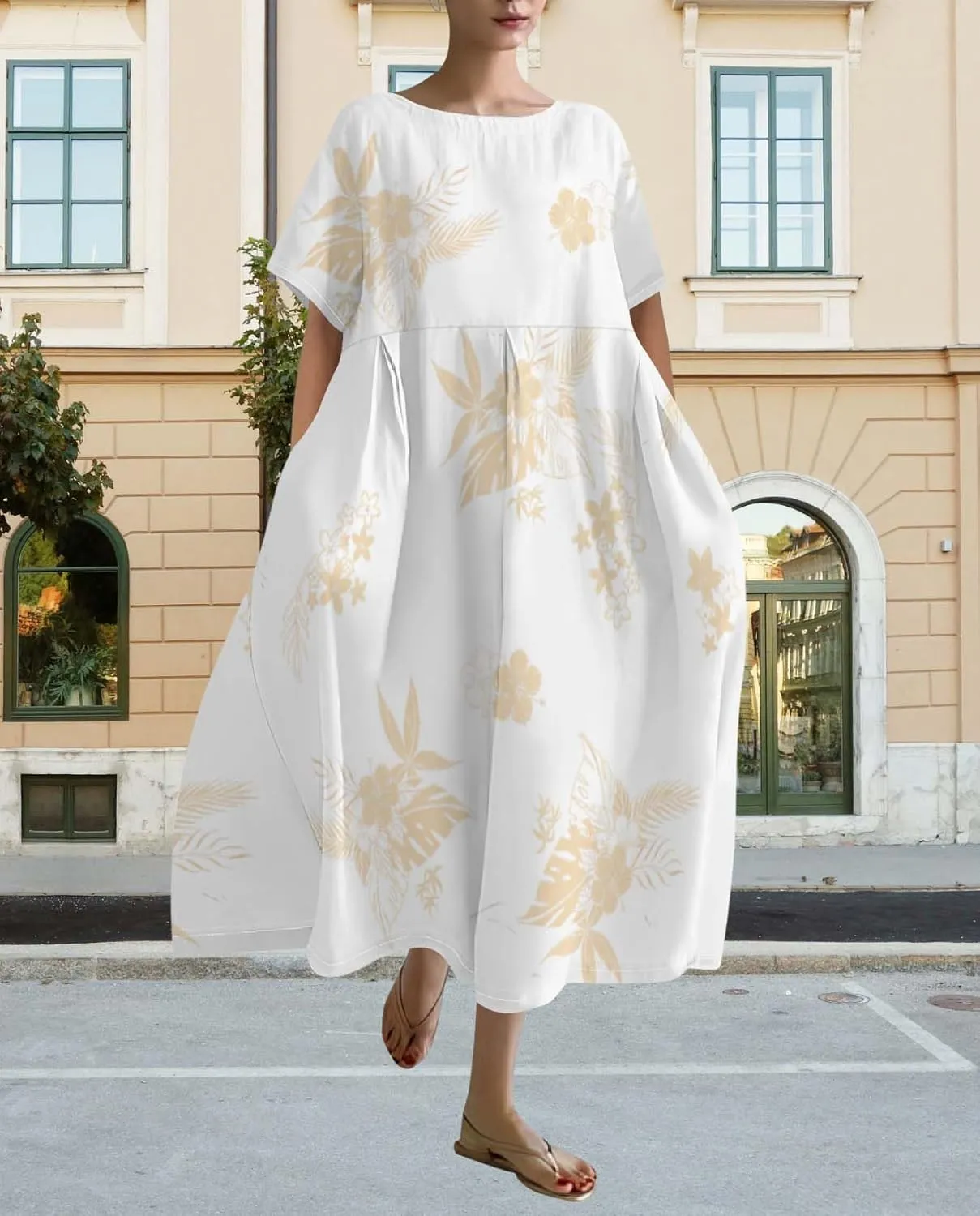 Plus Size Dress for Women Flowy Midi Dress Boho Floral Linen Short Sleeve T Shirt Dresses with Pockets Trendy Summer