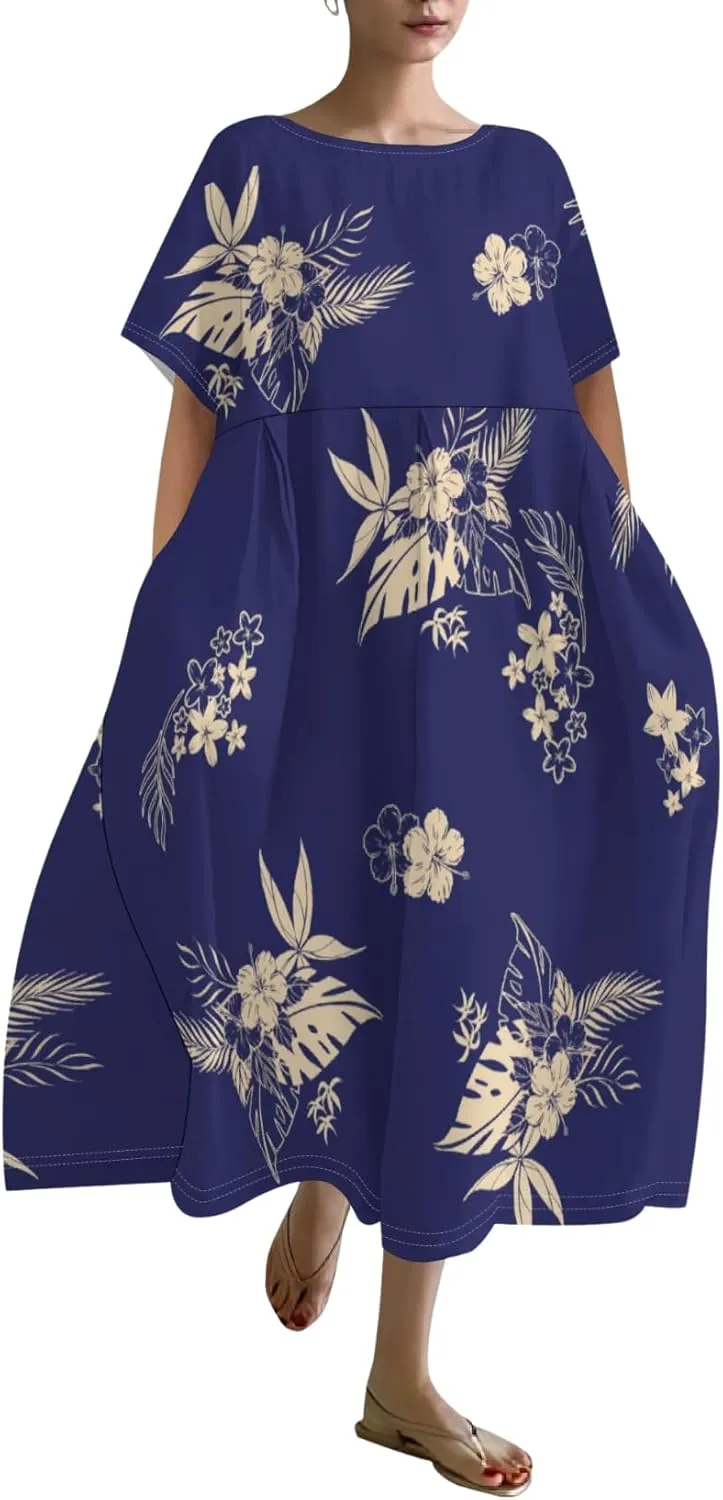 Plus Size Dress for Women Flowy Midi Dress Boho Floral Linen Short Sleeve T Shirt Dresses with Pockets Trendy Summer