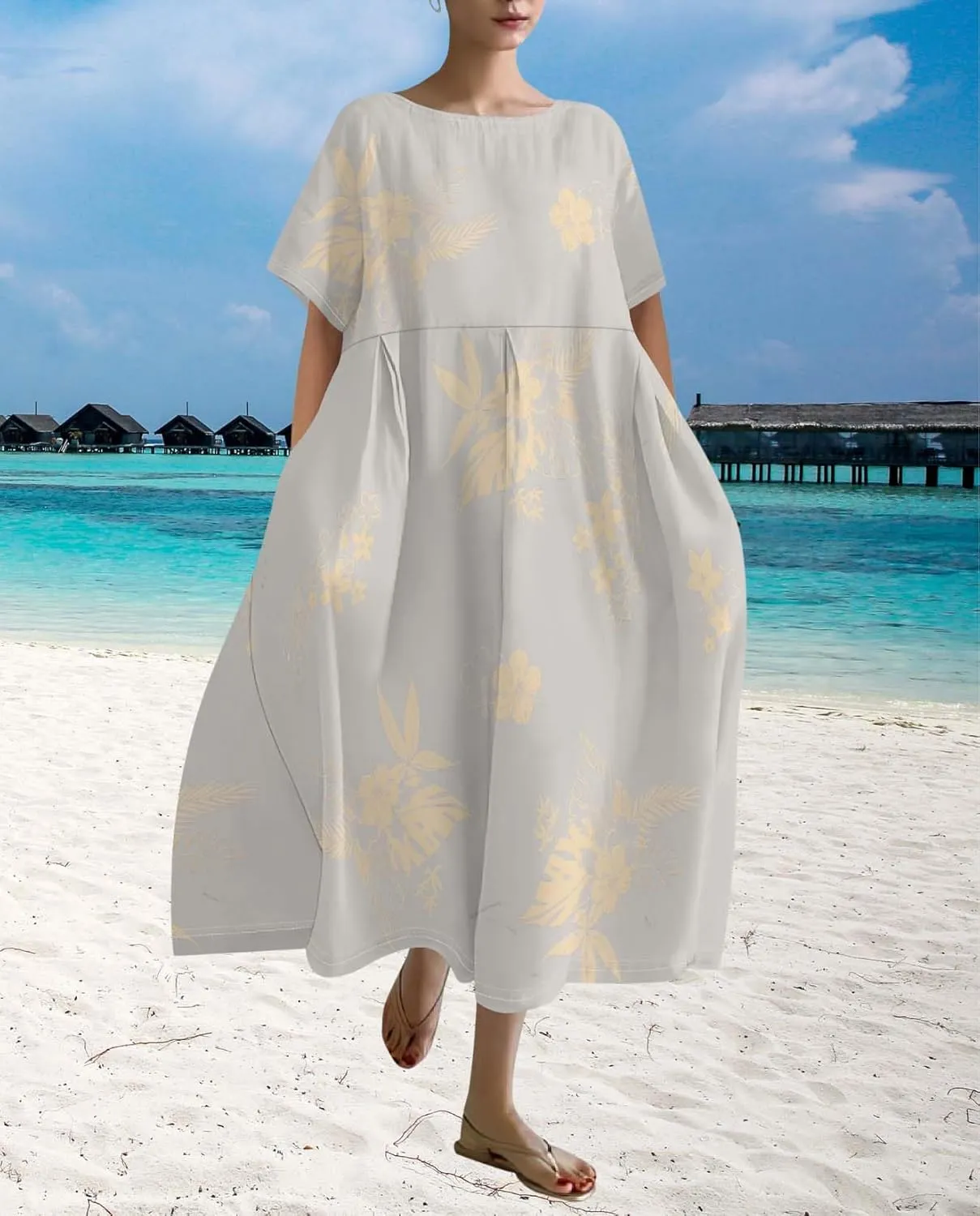 Plus Size Dress for Women Flowy Midi Dress Boho Floral Linen Short Sleeve T Shirt Dresses with Pockets Trendy Summer