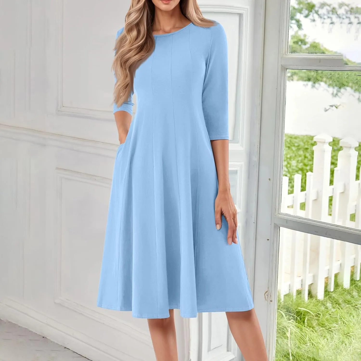 Plus Size Dresses for Curvy Women Casual Loose Trendy Crew Neck 3/4 Sleeve Solid Midi Dress Plus Size, S-3XL