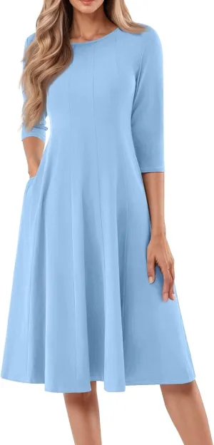 Plus Size Dresses for Curvy Women Casual Loose Trendy Crew Neck 3/4 Sleeve Solid Midi Dress Plus Size, S-3XL