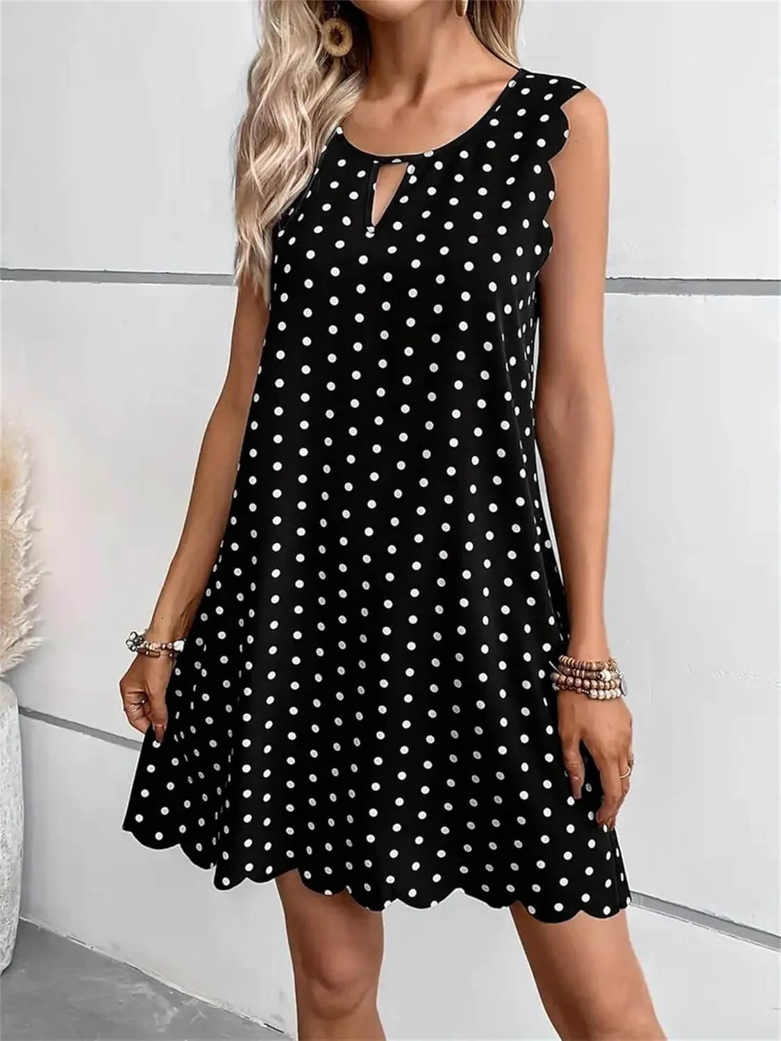 Polka Dot Sleeveless Summer Dresses Crewneck Swing A Line Midi Dress Bohemian Casual Beach Party Sundress